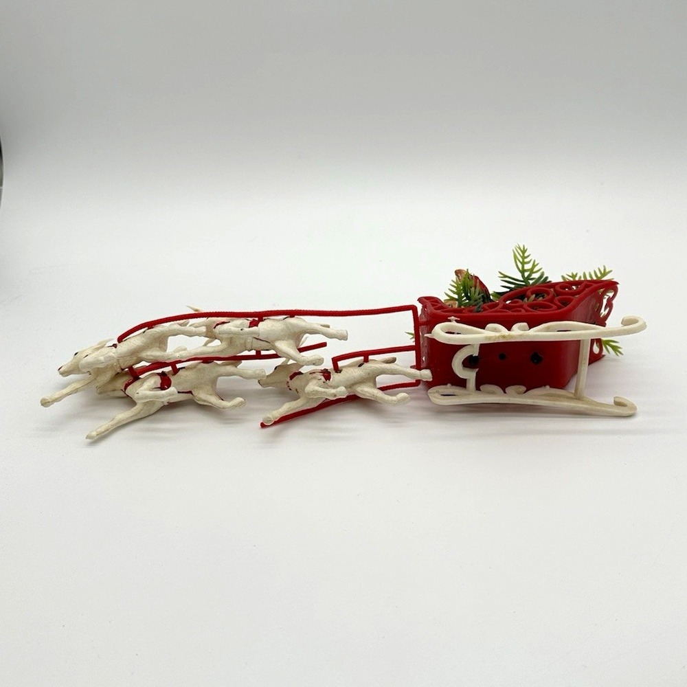 Vintage Plastic Santa Claus Red Sleigh 4 White Reindeer Christmas Tabletop Decor - Picture 2 of 10